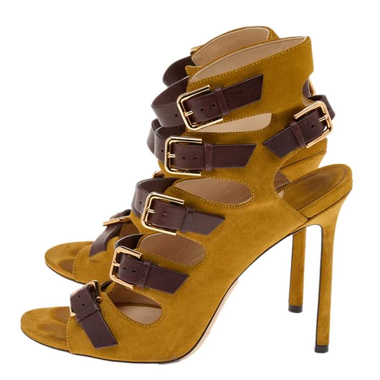 Pre Owned Jimmy Choo Yellow/Brown Suede And Leather Trick Caged Sandals Size 40
