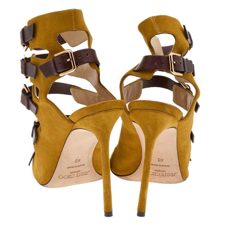 Pre Owned Jimmy Choo Yellow/Brown Suede And Leather Trick Caged Sandals Size 40