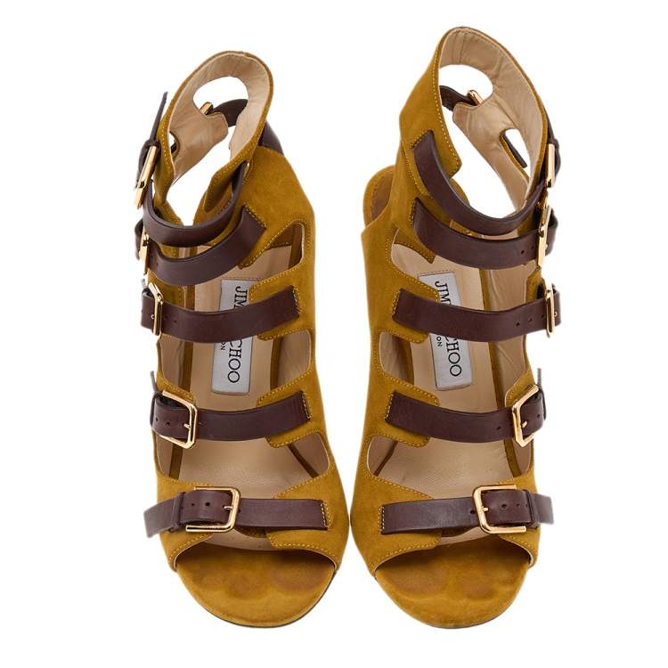 Pre Owned Jimmy Choo Yellow/Brown Suede And Leather Trick Caged Sandals Size 40