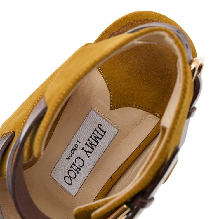 Pre Owned Jimmy Choo Yellow/Brown Suede And Leather Trick Caged Sandals Size 40