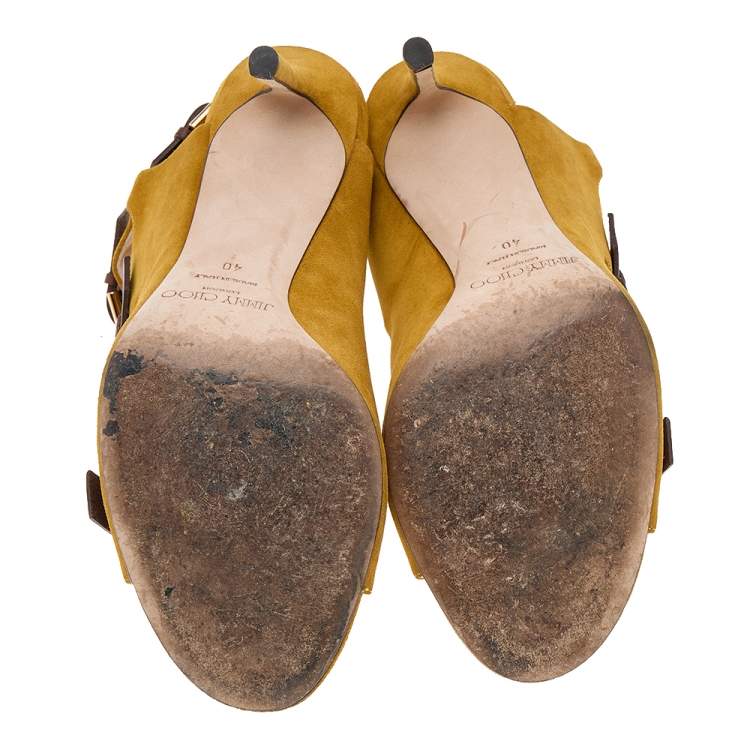 Pre Owned Jimmy Choo Yellow/Brown Suede And Leather Trick Caged Sandals Size 40