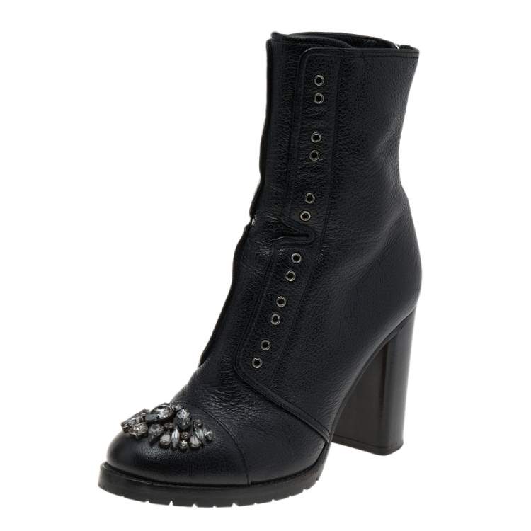 مملوكة مسبقًا Jimmy Choo Black Leather Crystal Embellished Datchet Ankle Boots Size 38.5