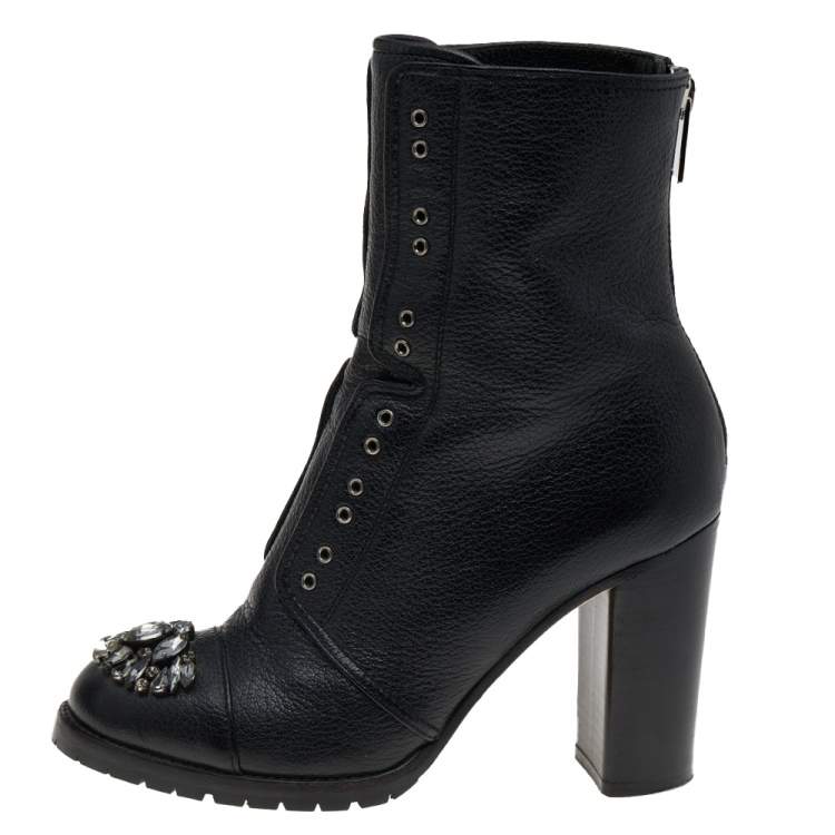 مملوكة مسبقًا Jimmy Choo Black Leather Crystal Embellished Datchet Ankle Boots Size 38.5
