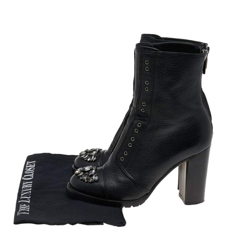 مملوكة مسبقًا Jimmy Choo Black Leather Crystal Embellished Datchet Ankle Boots Size 38.5