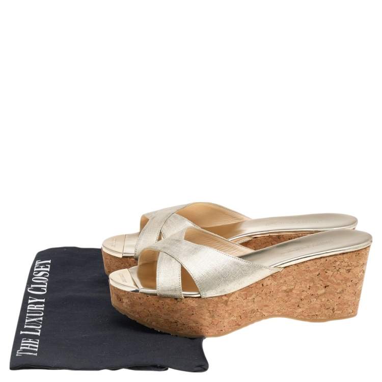 Pre Owned Jimmy Choo Gold Leather Prima  Cork Wedge Platform Slide Sandals Size 40