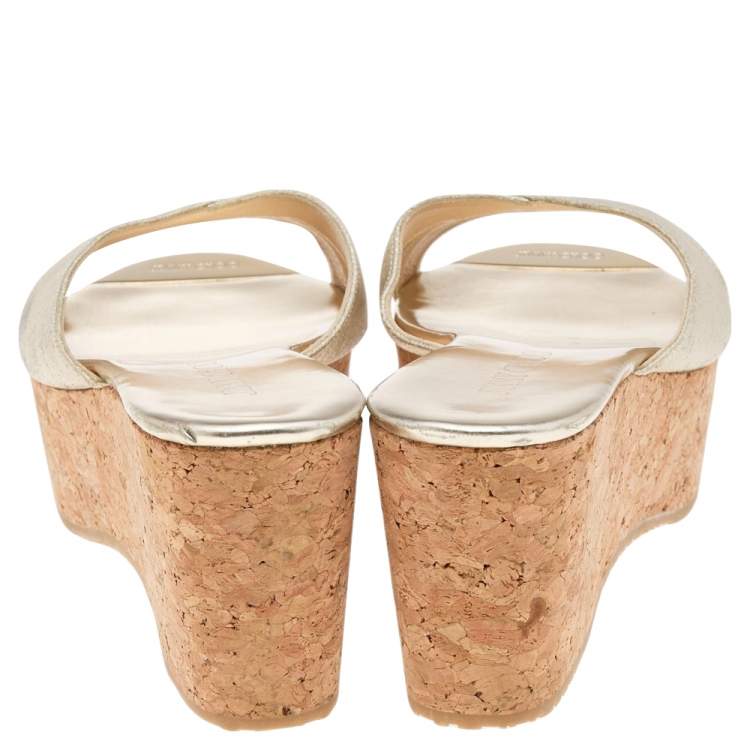 Pre Owned Jimmy Choo Gold Leather Prima  Cork Wedge Platform Slide Sandals Size 40