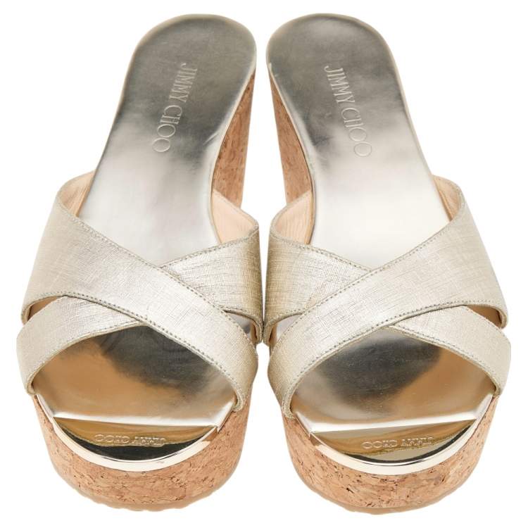 Pre Owned Jimmy Choo Gold Leather Prima  Cork Wedge Platform Slide Sandals Size 40