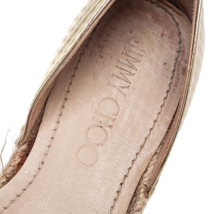 Pre Owned Jimmy Choo Gold Textured Leather Dreya Flat Espadrilles Size 38