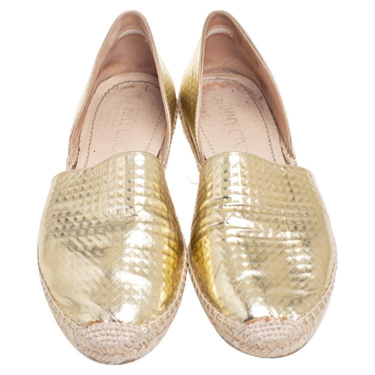 Pre Owned Jimmy Choo Gold Textured Leather Dreya Flat Espadrilles Size 38