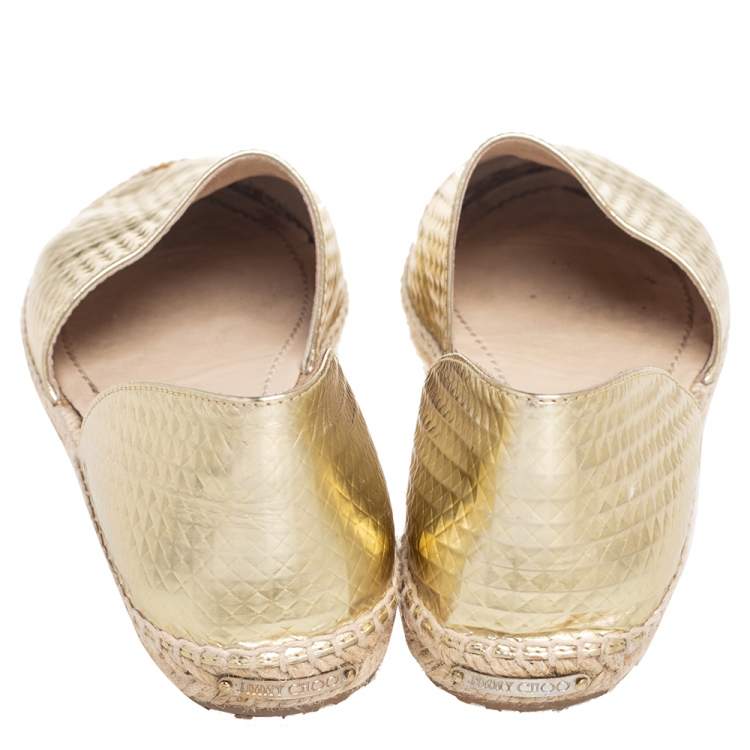 Pre Owned Jimmy Choo Gold Textured Leather Dreya Flat Espadrilles Size 38