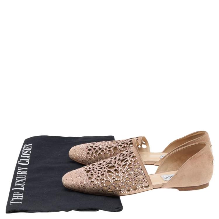 Pre Owned Jimmy Choo Beige Laser Cut Suede Globe Crystal Embellished D'orsay Flats Size 35