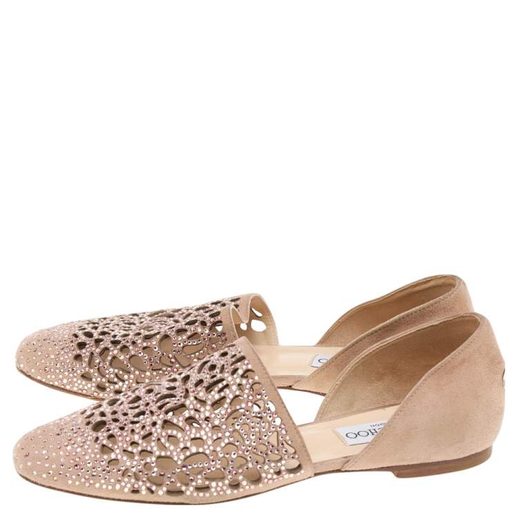 Pre Owned Jimmy Choo Beige Laser Cut Suede Globe Crystal Embellished D'orsay Flats Size 35