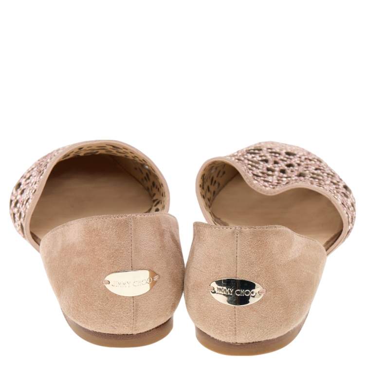 Pre Owned Jimmy Choo Beige Laser Cut Suede Globe Crystal Embellished D'orsay Flats Size 35