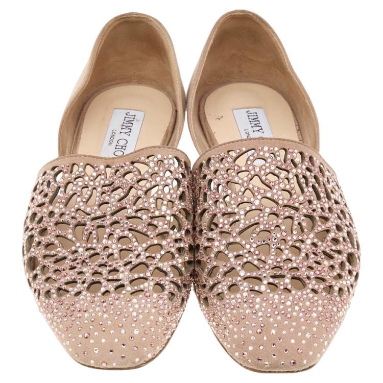 Pre Owned Jimmy Choo Beige Laser Cut Suede Globe Crystal Embellished D'orsay Flats Size 35
