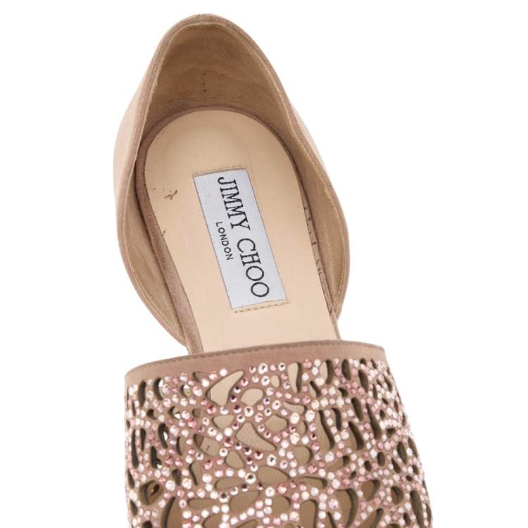 Pre Owned Jimmy Choo Beige Laser Cut Suede Globe Crystal Embellished D'orsay Flats Size 35