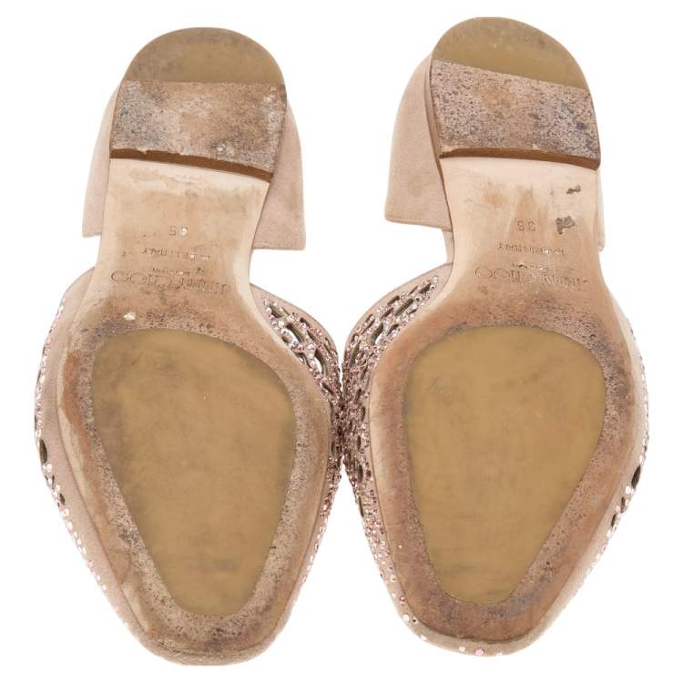 Pre Owned Jimmy Choo Beige Laser Cut Suede Globe Crystal Embellished D'orsay Flats Size 35