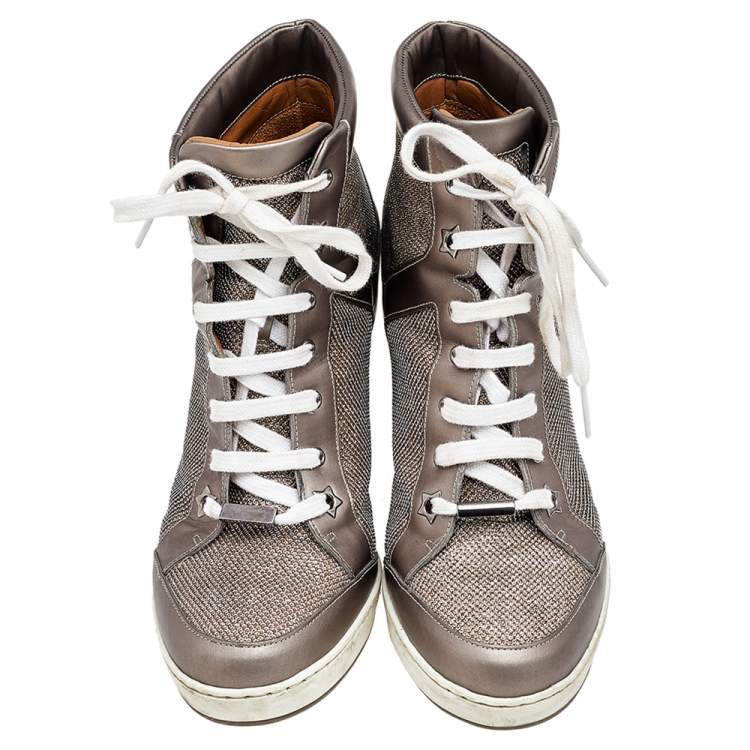 مملوكة مسبقًا Jimmy Choo Grey Leather and Mesh Panama Wedge Sneakers Size 40