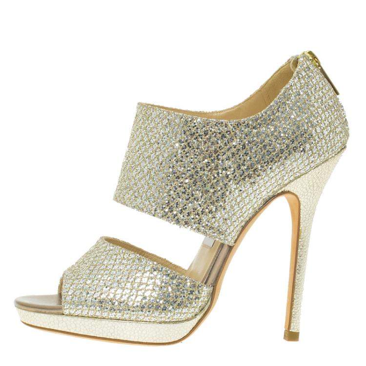 Pre Owned Jimmy Choo Silver Glitter Private Platform Sandals Size 36.5
