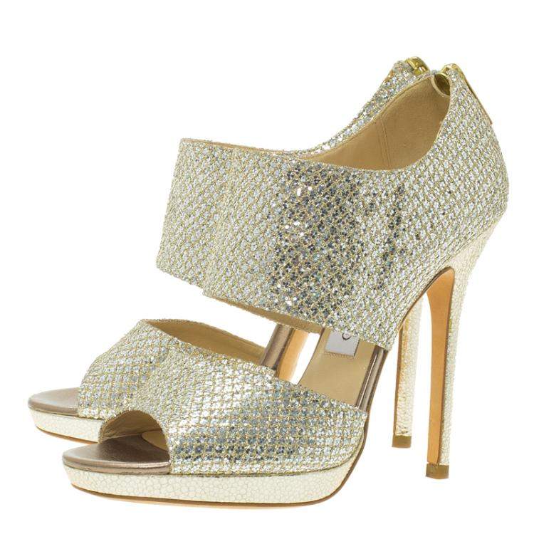 Pre Owned Jimmy Choo Silver Glitter Private Platform Sandals Size 36.5