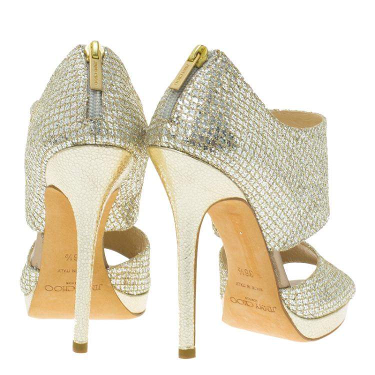 Pre Owned Jimmy Choo Silver Glitter Private Platform Sandals Size 36.5