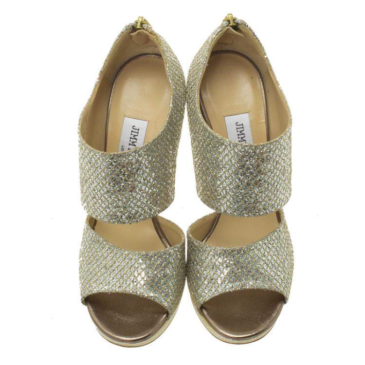 Pre Owned Jimmy Choo Silver Glitter Private Platform Sandals Size 36.5