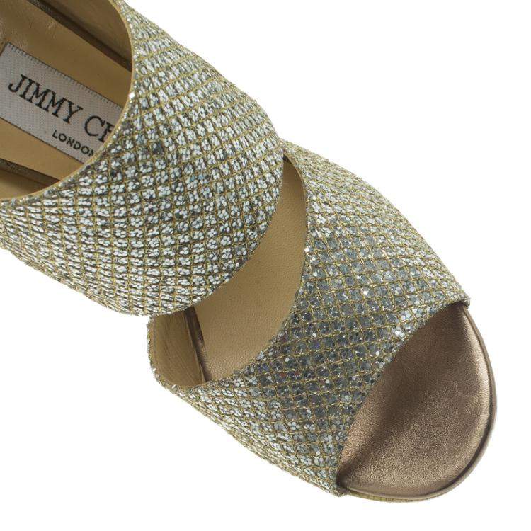 Pre Owned Jimmy Choo Silver Glitter Private Platform Sandals Size 36.5