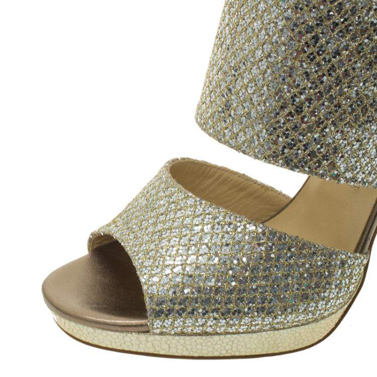 Pre Owned Jimmy Choo Silver Glitter Private Platform Sandals Size 36.5