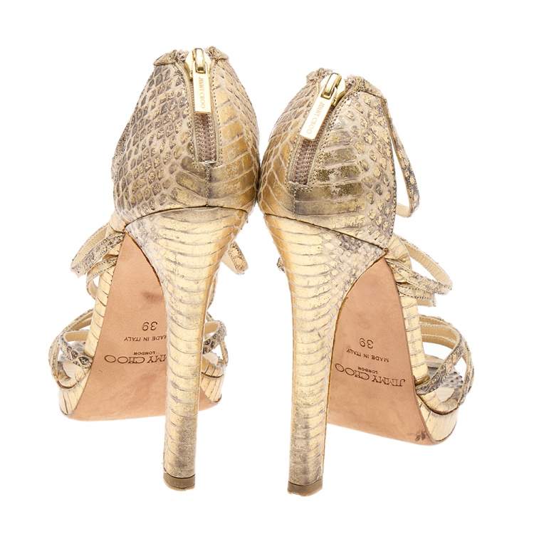 Pre Owned Jimmy Choo Metallic Gold/Beige Leather Strappy Sandals Size 39