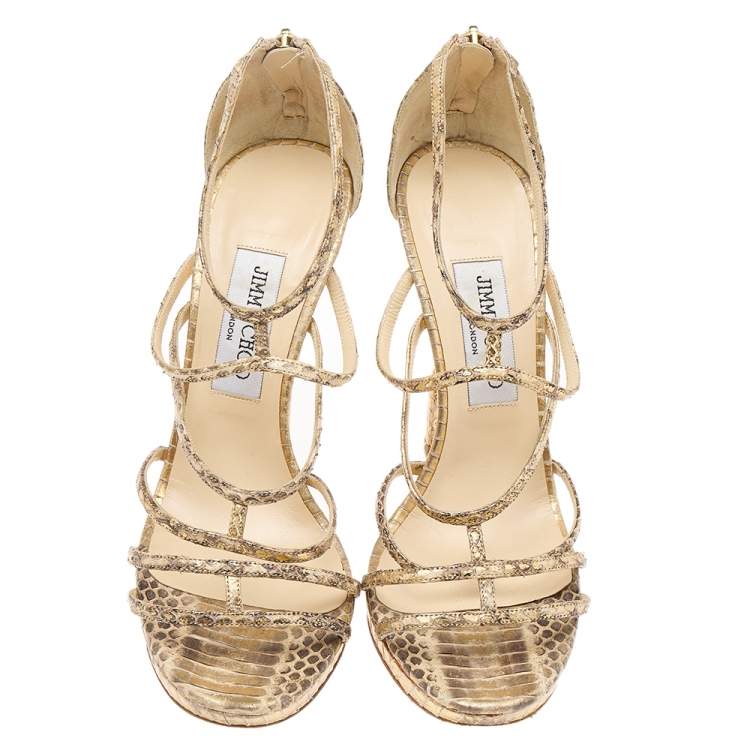 Pre Owned Jimmy Choo Metallic Gold/Beige Leather Strappy Sandals Size 39
