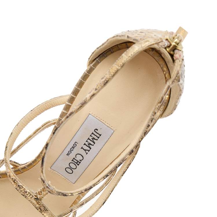 Pre Owned Jimmy Choo Metallic Gold/Beige Leather Strappy Sandals Size 39