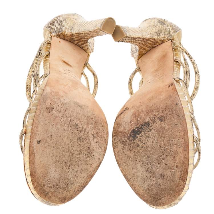 Pre Owned Jimmy Choo Metallic Gold/Beige Leather Strappy Sandals Size 39