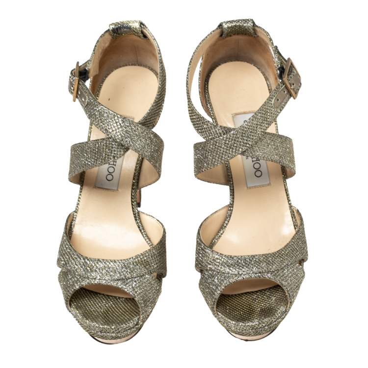 Pre Owned Jimmy Choo Gold Lamé Glitter Fabric Kuki Platform Sandals Size 37