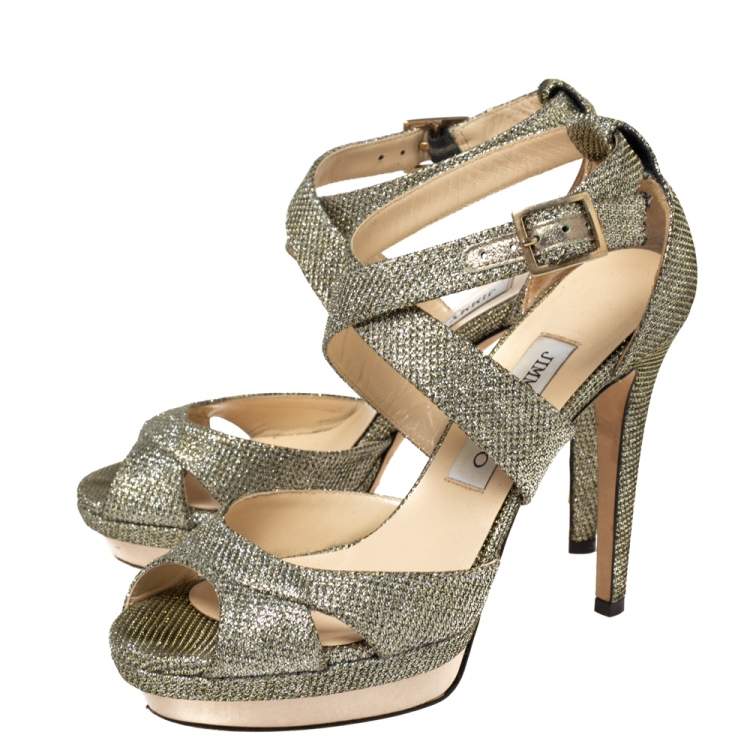 Pre Owned Jimmy Choo Gold Lamé Glitter Fabric Kuki Platform Sandals Size 37