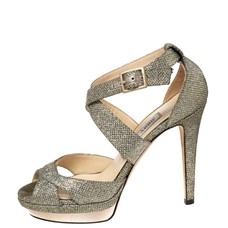 Pre Owned Jimmy Choo Gold Lamé Glitter Fabric Kuki Platform Sandals Size 37