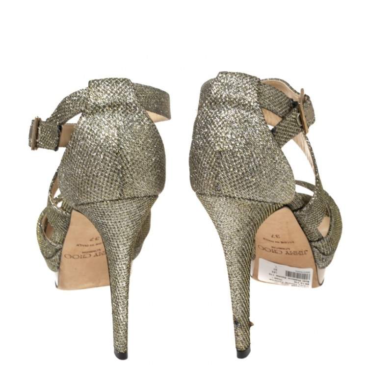 Pre Owned Jimmy Choo Gold Lamé Glitter Fabric Kuki Platform Sandals Size 37