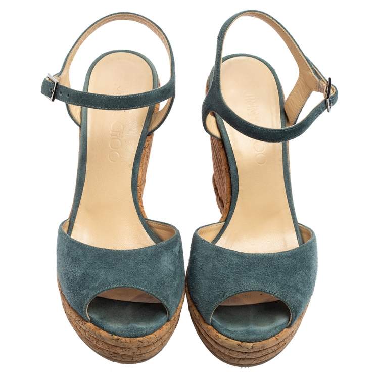 Pre Owned Jimmy Choo Blue Suede Ankle Strap Espadrille Wedge Sandals Size 36.5