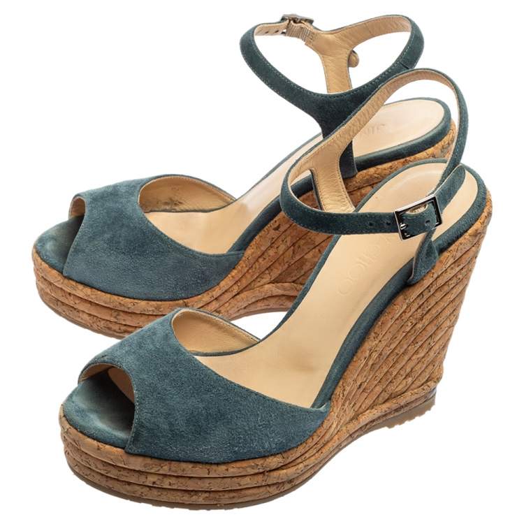 Pre Owned Jimmy Choo Blue Suede Ankle Strap Espadrille Wedge Sandals Size 36.5