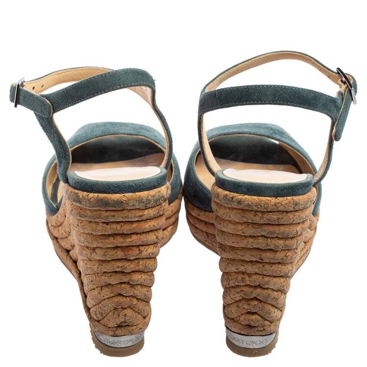 Pre Owned Jimmy Choo Blue Suede Ankle Strap Espadrille Wedge Sandals Size 36.5