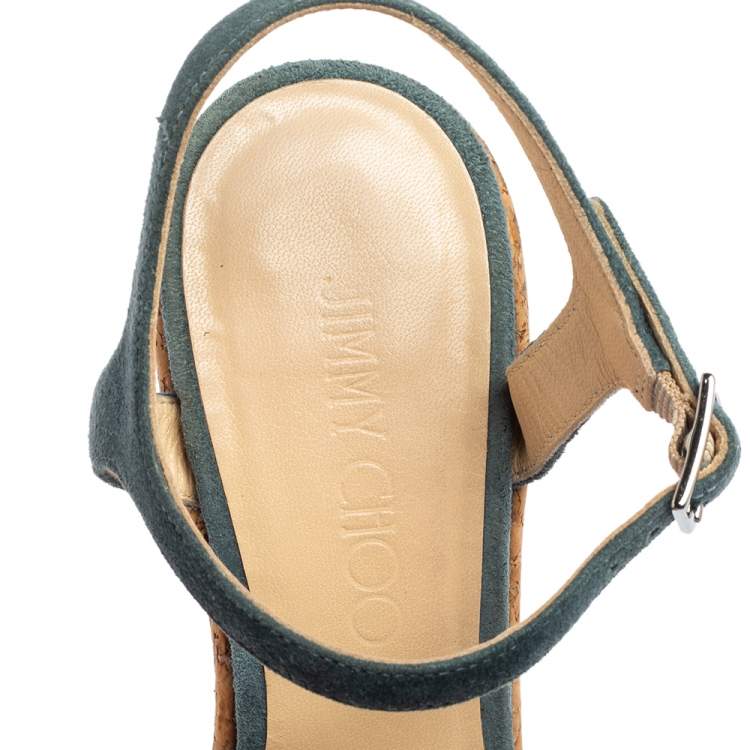 Pre Owned Jimmy Choo Blue Suede Ankle Strap Espadrille Wedge Sandals Size 36.5