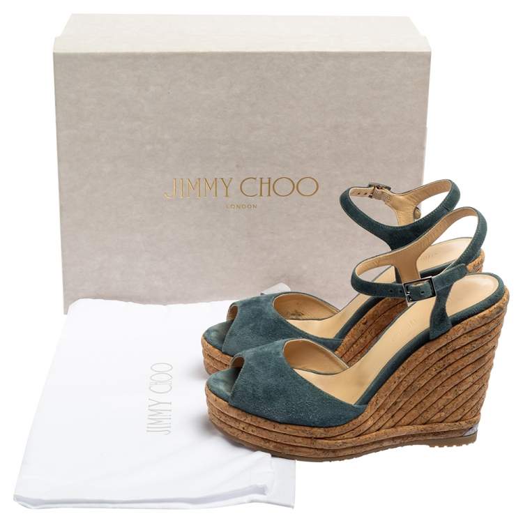 Pre Owned Jimmy Choo Blue Suede Ankle Strap Espadrille Wedge Sandals Size 36.5