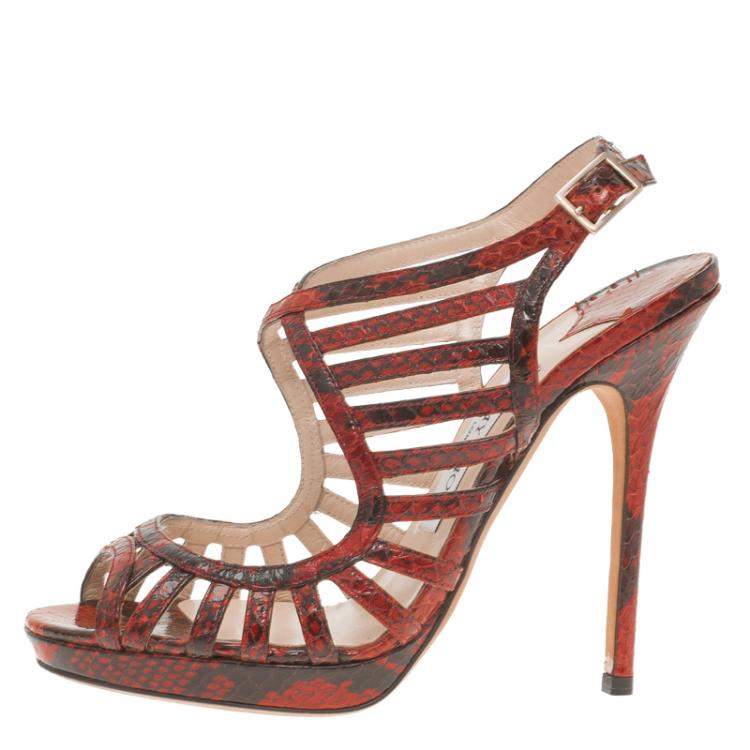 Pre Owned Jimmy Choo Red Python Keenan Python Platform Sandals Size 37.5