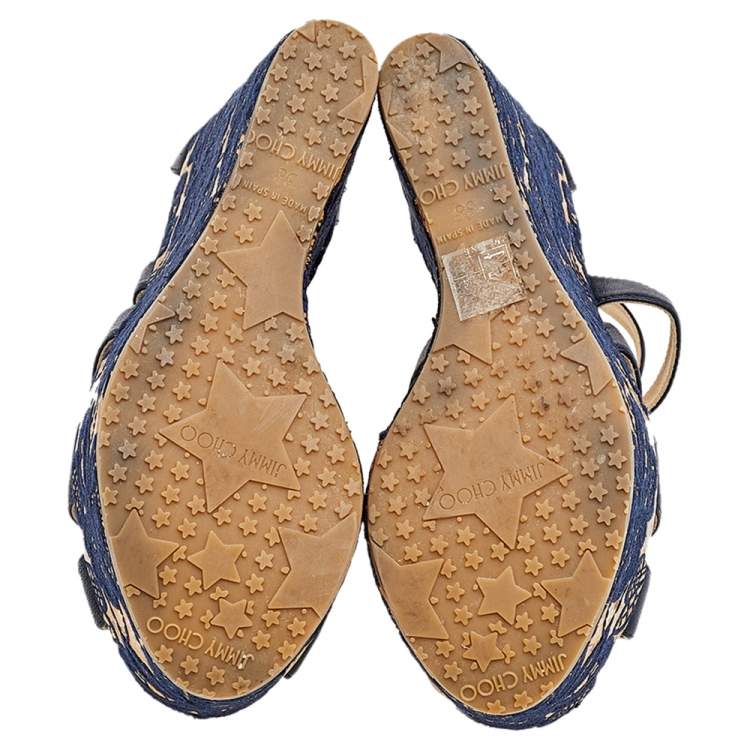 Pre Owned Jimmy Choo Navy Blue Leather Floral Embroidered Cork Wedge Ankle Strap Sandals Size 38