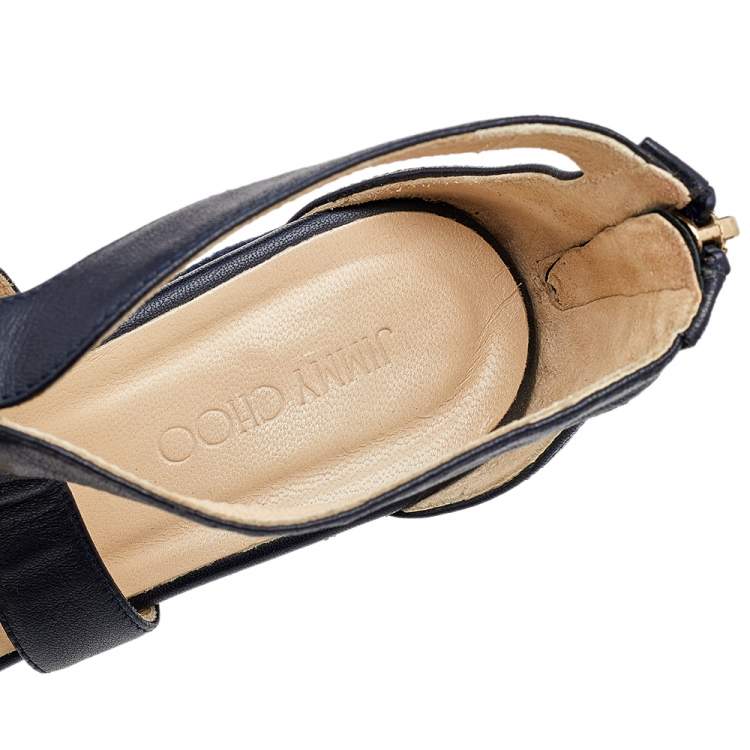 Pre Owned Jimmy Choo Navy Blue Leather Floral Embroidered Cork Wedge Ankle Strap Sandals Size 38