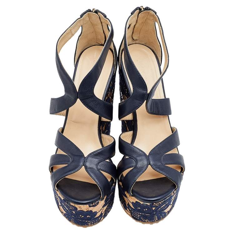 Pre Owned Jimmy Choo Navy Blue Leather Floral Embroidered Cork Wedge Ankle Strap Sandals Size 38