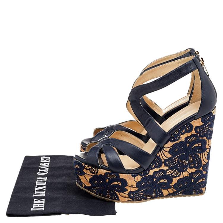 Pre Owned Jimmy Choo Navy Blue Leather Floral Embroidered Cork Wedge Ankle Strap Sandals Size 38