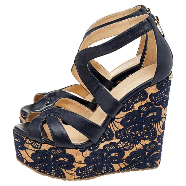 Pre Owned Jimmy Choo Navy Blue Leather Floral Embroidered Cork Wedge Ankle Strap Sandals Size 38
