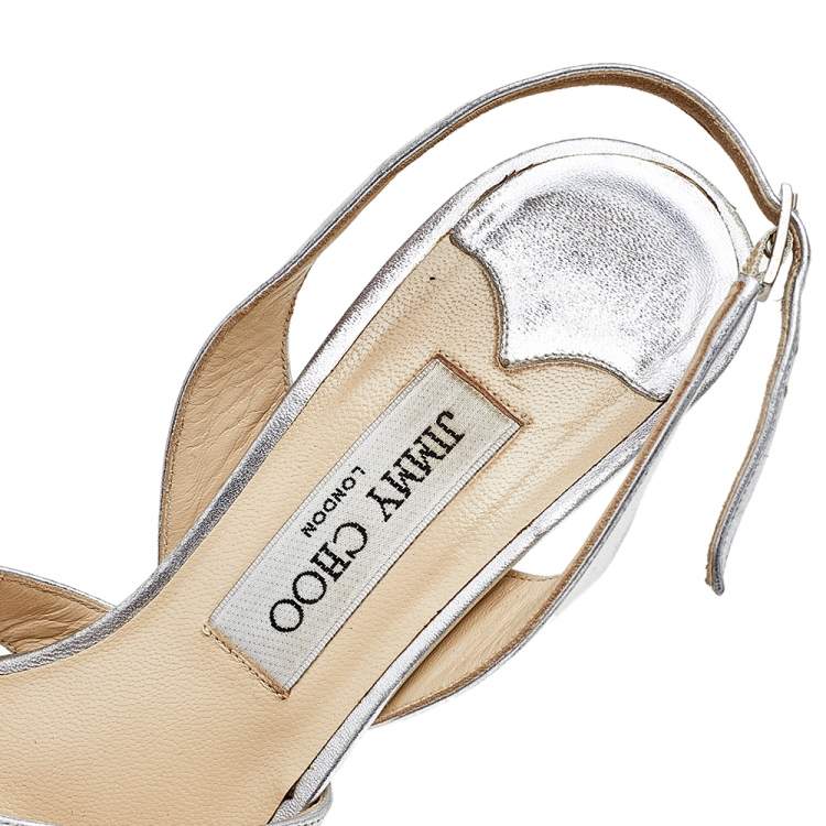 Pre Owned Jimmy Choo Silver Leather Ankle Strap Sandals  Size 38