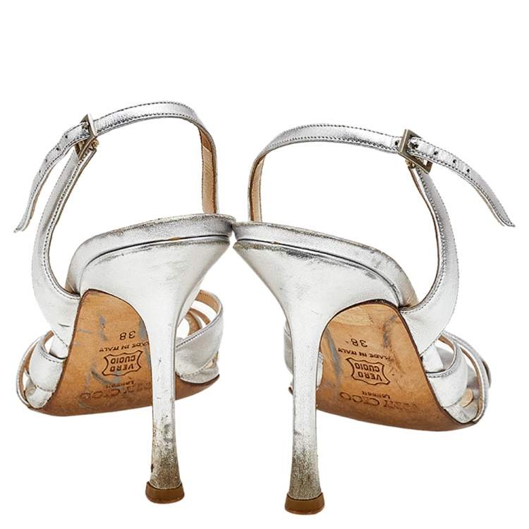 Pre Owned Jimmy Choo Silver Leather Ankle Strap Sandals  Size 38