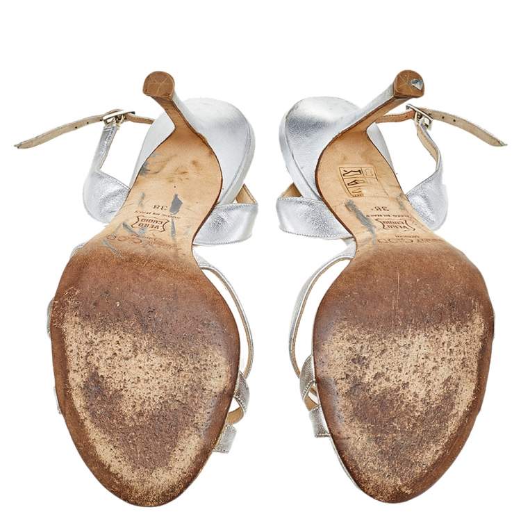 Pre Owned Jimmy Choo Silver Leather Ankle Strap Sandals  Size 38