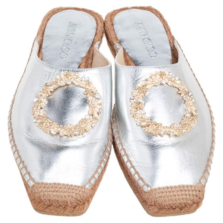 Pre Owned Jimmy Choo Silver Leather Nadene Flat Espadrilles Size 37.5